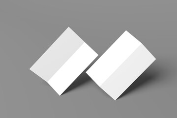 3D realistically rendered half fold brochure mockup drawing. Brochure mockup standing on isolated gray background. Half folded brochure mockup lying open.