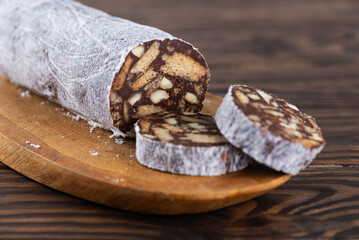 Chocolate sausage salami without sugar, gluten and lactose.