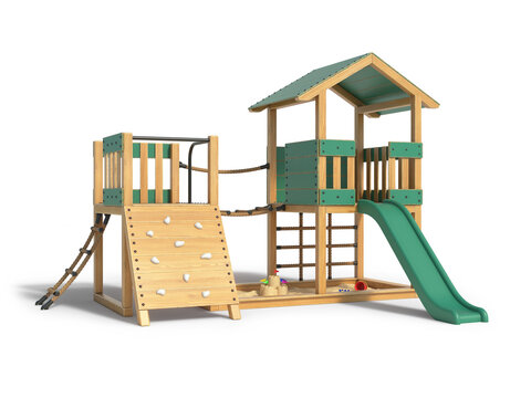 Kids Wooden Playhouse With Slide, Sand Pit And Climbing Wall - Isolated On White Background - 3D Rendering