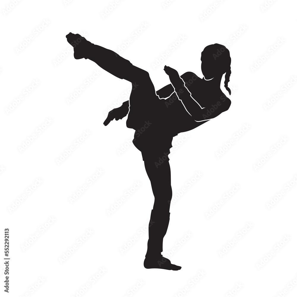 Wall mural Illustration female kick boxer fighter isolated vector silhouette.