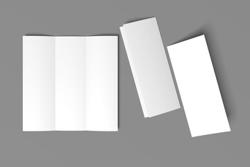3D realistically rendered tri-fold brochure mockup drawing. Brochure mockup standing on isolated gray background. A mockup of 3 tri-fold brochures that stand open and closed.