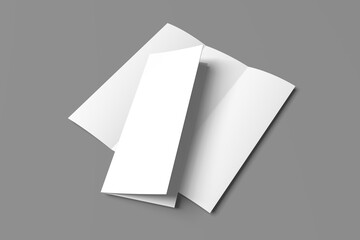 3D realistically rendered tri-fold brochure mockup drawing. Brochure mockup standing on isolated gray background. A mockup of 2 tri-fold brochures that stand open and closed.