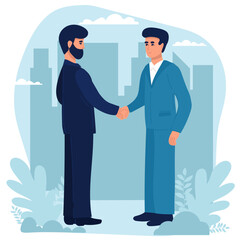 Fototapeta premium Business partnership. Illustration of business people in suits shaking hands. Flat design . Vector 10 EPS