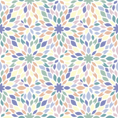 Childish Abstract Kaleidoscope Seamless Pattern. Cute fashion trendy kids background with colorful shapes. Vector illustration for print, wrapping paper, fabric, wall art. Pastel flower silhouette.