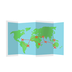Illustration of airplane flights on world map, folding map