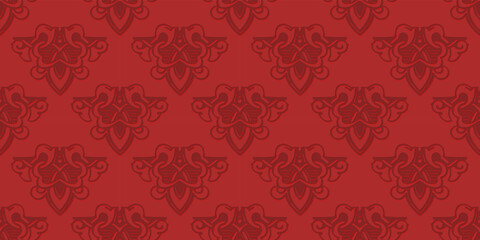 Vector seamless pattern. Red background with dark curly tracery. Fashionable textiles. Festive wrapping paper.