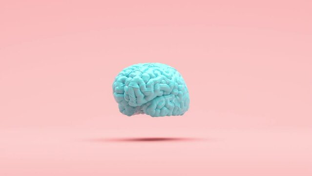 Slow motion Blue color brain rotate on pink background. 3D animation. idea concept creative.
