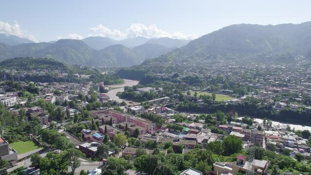 aerial view of Muzaffarabad cricket ground and sectariat , jalalabad park and river neelum and jehlum junction