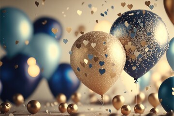 Realistic Festive background with golden and blue balloons falling confetti blurry background and a bokeh lights. Ai generative.