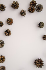 Minimal creative cone frame arrangement pattern on beige. flat lay, top view. christmas background wallpaper.