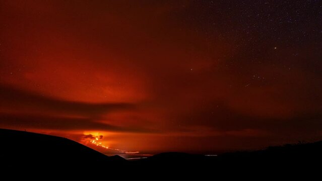 Time-lapse footage of Mauna Loa eruption at night with stars and clouds.
