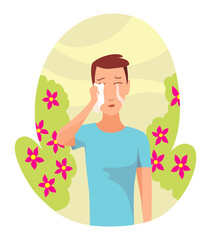 Allergic reactions concept. Symptoms of disease. Man with hypersensitivity and reaction of immune system. Male neezes or blows nose in handkerchief