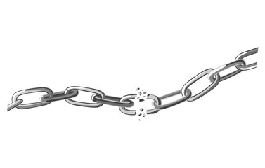 Broken steel chain links. Symbol of security and destruction. Freedom, disruption strong metal shackles concept. illustration in flat style on white background