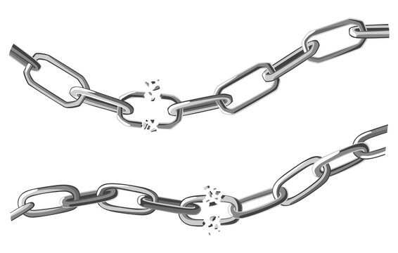 Broken steel chain links. Symbol of security and destruction. Freedom, disruption strong metal shackles concept. illustration in flat style on white background