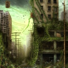 An overgrown abandoned city. Post-apocalyptic landscape. 