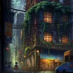 An overgrown abandoned city. Post-apocalyptic landscape. 