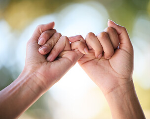 Friends hands, promise and hook fingers for support, trust and love together in nature outdoor. Zoom women and connect pinky hand in hope, respect and commitment link of save the date relationship - obrazy, fototapety, plakaty