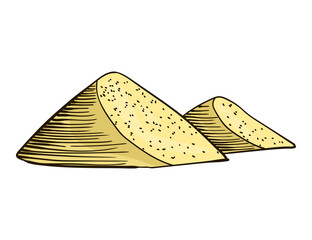 Cane sugar. Product from sugarcane plant. Engraving hand drawn natural organic food or natural ingredient. Fresh sugar in heap