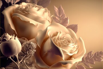 Gentle biege pastel retro background with rose flowers wedding background. Generative Ai