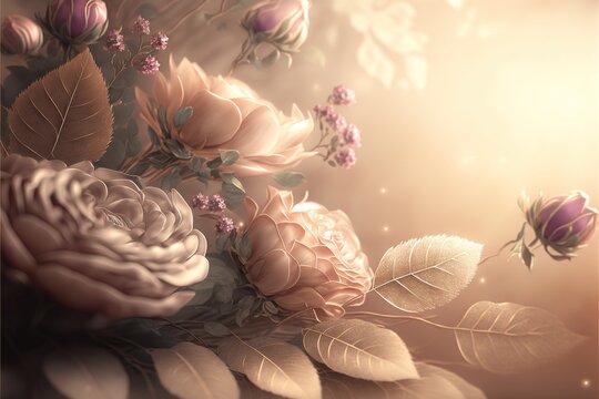 Gentle biege pastel retro background with rose flowers wedding background. Generative Ai