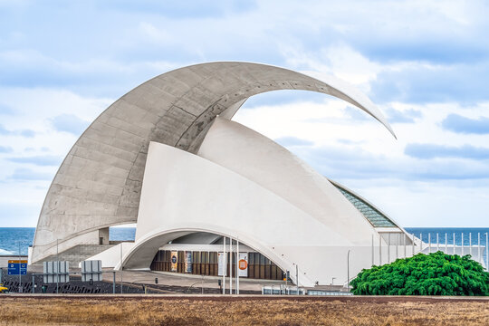 Santa Cruz de Tenerife, Spain - November 25, 2021: Auditorio de Tenerife Adan Martin with the Atlantic Ocean in the background. Modern famous architecture of the Canary Islands