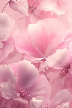 Delicate romantic pastel pink background with beautiful flowers.  Abstract wedding backdrop. Ai generative