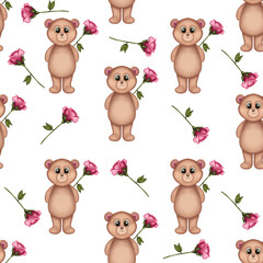 Seamless pattern with teddy bears and roses.Valentine’s Day cards,wedding decoration,scrapbooking,fabric and textile.