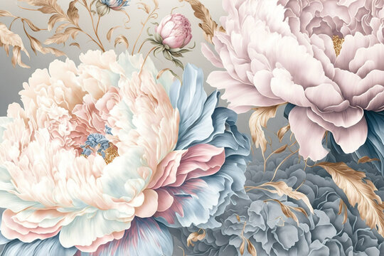 Beautiful peonies, abstract floral design in pastel colors for prints, postcards or wallpaper