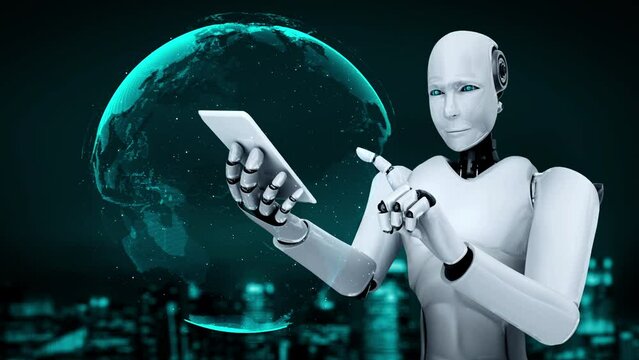 Futuristic robot artificial intelligence huminoid AI programming coding technology development and machine learning concept. Robotic bionic science research for future of human life. 3D rendering.