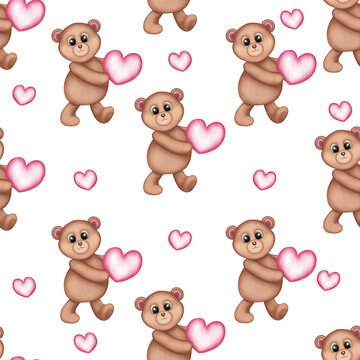 Seamless pattern with teddy bear and heart. Valentine’s Day,Greeting cards,Scrapbooking,Fabric And Textiles.