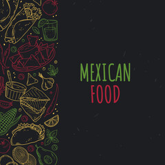 Mexican food frame on black background. Cuisine mexicaine. Linear graphics. Hand drawn outline vector sketch illustration. Mexican food menu for restaurant, cafe. 