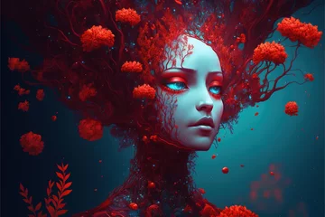 Tuinposter 3d render, art face woman.  red and blue portrait of a person with , AI generation © artem