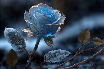 Frozen magic blue rose in the snow romantic background.