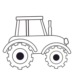 Tractor with wheels, farm transport outline in cartoon style, coloring page for kids isolated on white background. Printable.