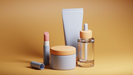 Cosmetics set 3D rendering. Beauty concept. Skin care. Gel, cream and lotion, lipstick products