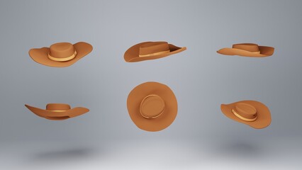 Brown hat in different angles 3d rendering. Stylish hat isolated