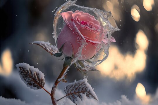 Frozen magic red rose in the snow romantic background.
