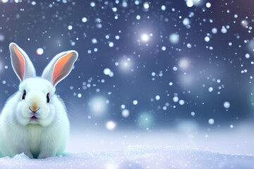 White rabbit sitting in the snow. Digital illustration. Generative AI.