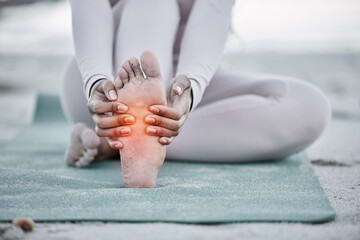 Woman, foot pain and injury at beach after yoga practice, stretching or workout for health and...