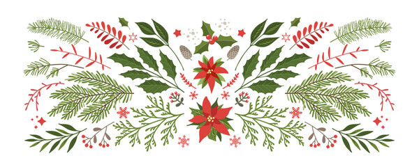 Christmas floral design elements set. Fir branches, leaves, tree twigs, berries, flowers, poinsettia, snowflakes and stars. Christmas decoration in a flat style on a white background