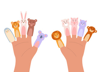 A large set of finger toys in the form of various animals on the hands, such as a cat, a lion, a bear, a koala, a penguin. Funny dolls for playing with children.