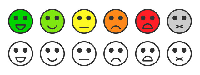 Customer rating satisfaction. Feedback concept, black and colorful emotion icons and emojis. Excellent, good, normal, bad, awful, silent