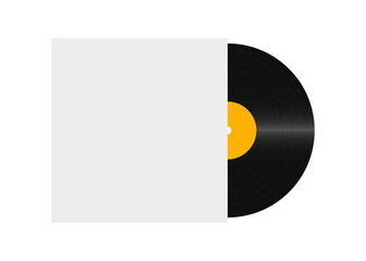 Realistic vinyl record in cover. Blank vinyl record mockup on white background