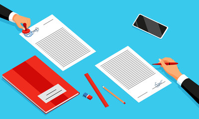 Notary service advertisement. Legal document with hand witnessing legal documents by seal or stamp. Execution of documents seal and signature on papers. Sign agreement accepted by public notary