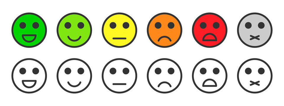 Customer rating satisfaction. Feedback concept, black and colorful emotion icons and emojis. Excellent, good, normal, bad, awful, silent