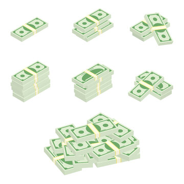 Money, dollar bills in cartoon 3d style. Set of different packs and bunches of dollar bills. Isometric green dollars, profit, investment and savings concept