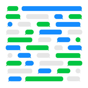 Message speech bubbles, chat text bubbles. Blue, green and grey message chat bubbles