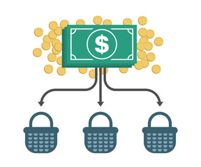 Allocation business icon. Diversification money concept. Financial investment illustration. US dollar banknotes and coins with arrows and baskets. Color flat design.