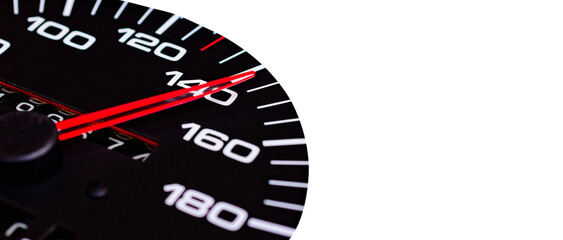 Car speedometer. Auto car speedometer shows 140 speed.Automobile dangerous speed concept.White isolated background.Banner. - obrazy, fototapety, plakaty