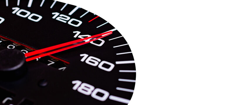 Car speedometer. Auto car speedometer shows 140 speed.Automobile dangerous speed concept.White isolated background.Banner.